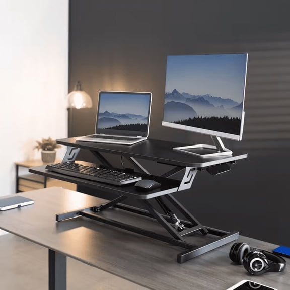 32" Wide Height Adjustable Sit Stand Up Desk Riser with Keyboard Tray, Desktop Workstation Riser for Home Office Computer Laptop, Black