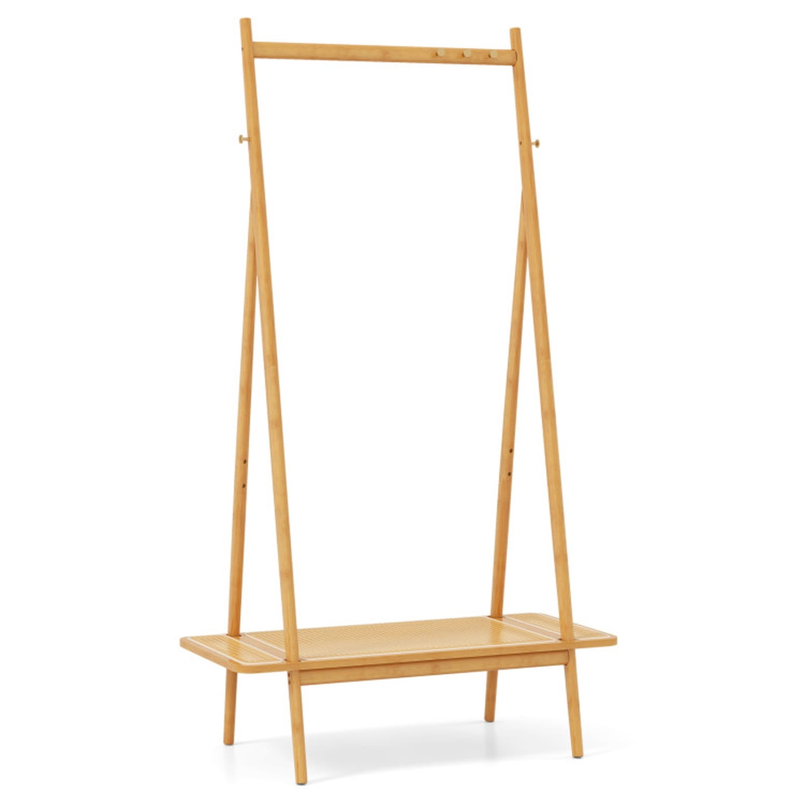 Furnibear Bamboo Clothes Rack with Hanging Rod Rattan Shelf and 5 Copper Hooks Freestanding Garment Rack for Bedroom and Entryway, Natural