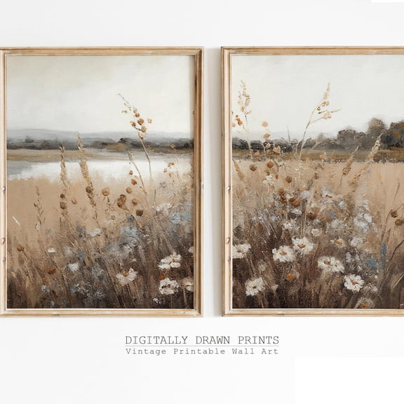 Wildflower Field Vintage Farmhouse Landscape Wall Art Set 2 Unframed Paper Print 8x12