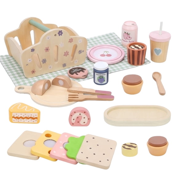 Biiend Wooden Picnic Playset for Kids, Pretend Play Food Set with Basket, Plates, Utensils and Drinks, Montessori Educational Role Play Toy for Toddlers Girls Boys