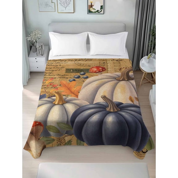 Twin Flat Sheet Only Vintage Autumn Pumpkins Soft Microfiber Cooling Bedding Sheets Fall Mushroom on Newspaper Flat Bed Sheet for Hotel,Home Decor
