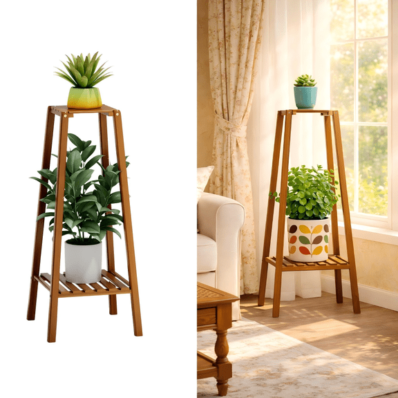 2-Tier Bamboo Plant Stand, 30 Inch Tall Wooden Flower Pot Stand for Indoor & Outdoor, Rustic Plant Shelf for Balcony, Patio & Living Room