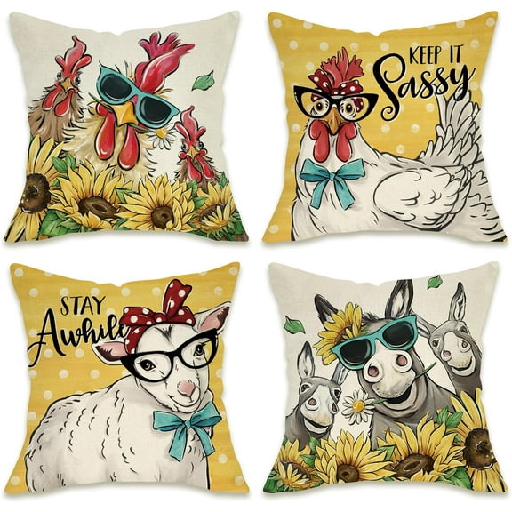 Funny Farm Animals Decorative Throw Pillow Covers 18x18 Set of 4, Spring Summer Rooster Sheep Donkey Sunflower Outdoor Pillowcase, Keep It Sassy Stay Awhile Fall Cushion Case Home Decor