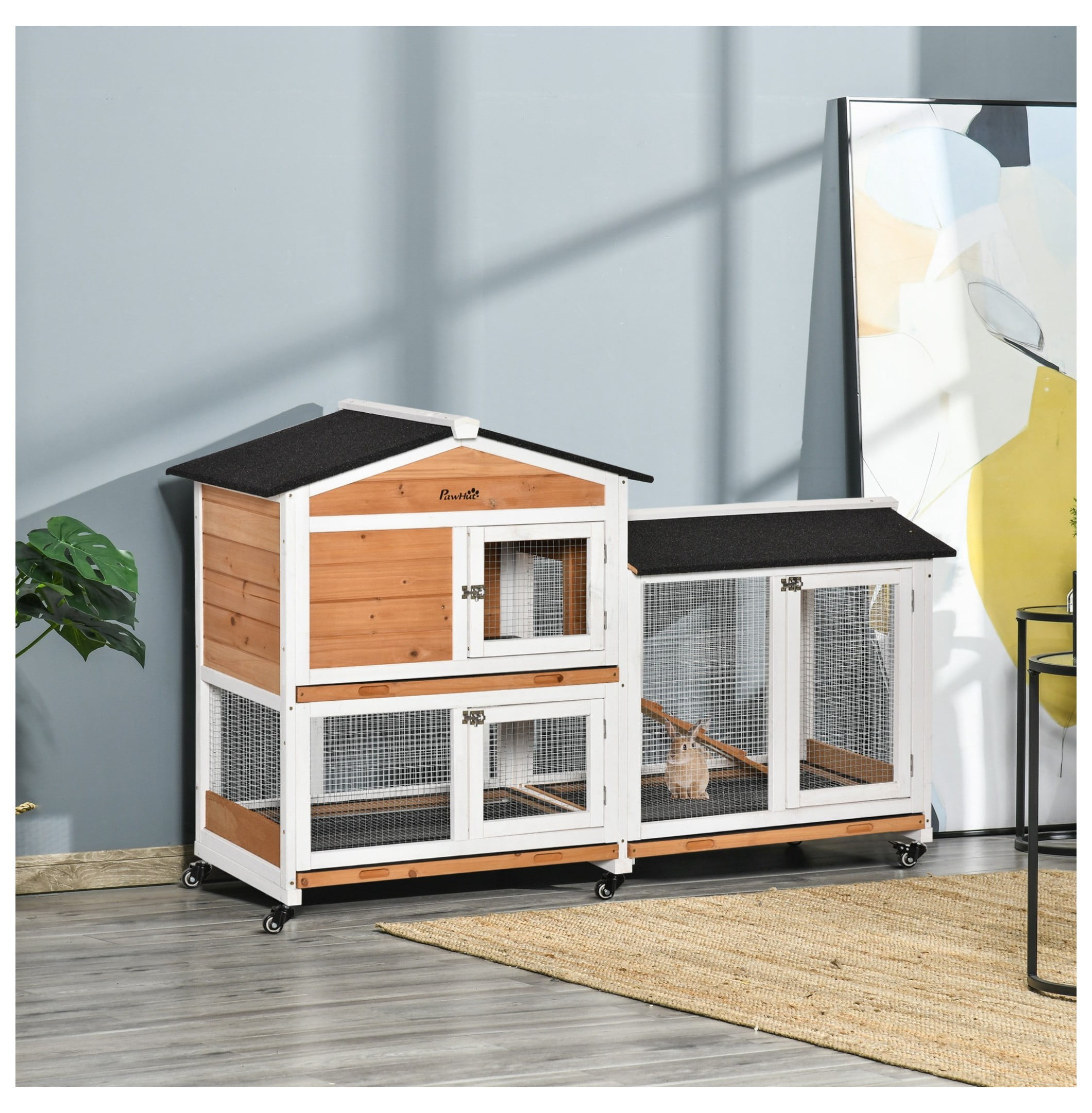 PawHut 62" Rabbit Hutch, Wooden Bunny Hutch, Guinea Pig Cage, Small Animal Enclosure with Wheels, Run Area, Removable Tray, Asphalt Roof, Lockable Doors and Ramp, Nature Wood
