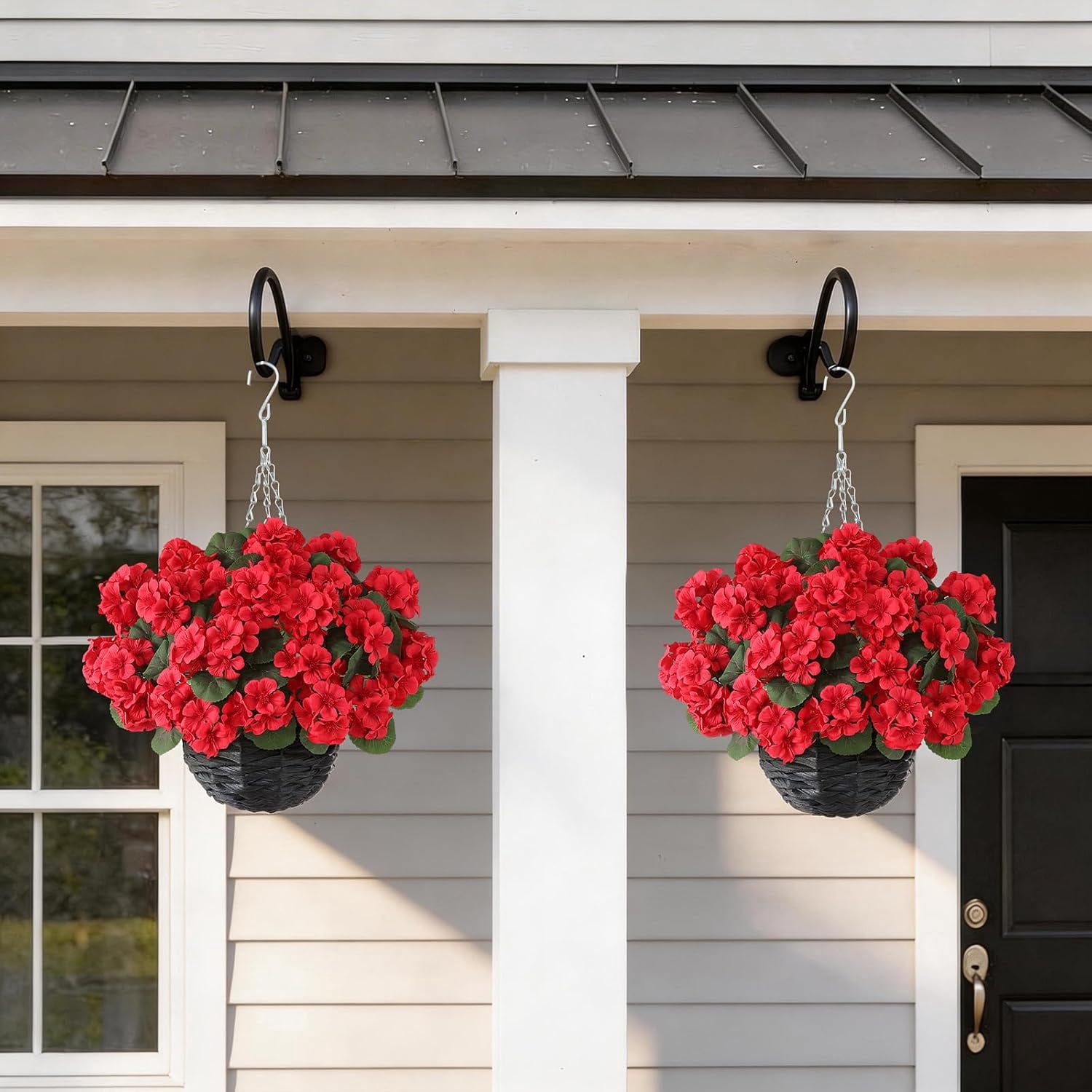 2 Set Artificial Geraniums Flowers with Hanging Baskets for Outdoors - Sun Resistant Silk with Geranium Flowers, Fake Hanging Planters for Front Porch Garden Patio Home Decor (Red)