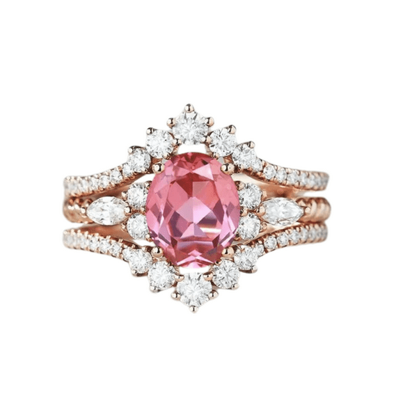 Oval Cut Pink Sapphire & Diamond Engagement Wedding Ring Set in 14k Rose Gold Vermeil - September Birthstone - Birthday Gift
