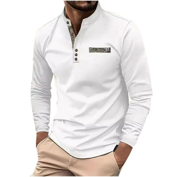 GuangCheng George Men Long Sleeve Henley Shirt Contrast Inner Placket Chest Pocket Slim Fit Dress Tops,White,M