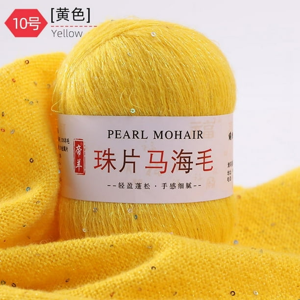Zhuge Hilo de mohair fino de 50 g con lentejuelas para tejer a ganchillo, hilo de lana de encaje suave y esponjoso, hilo de cuentas para suéteres, chal, color amarillo