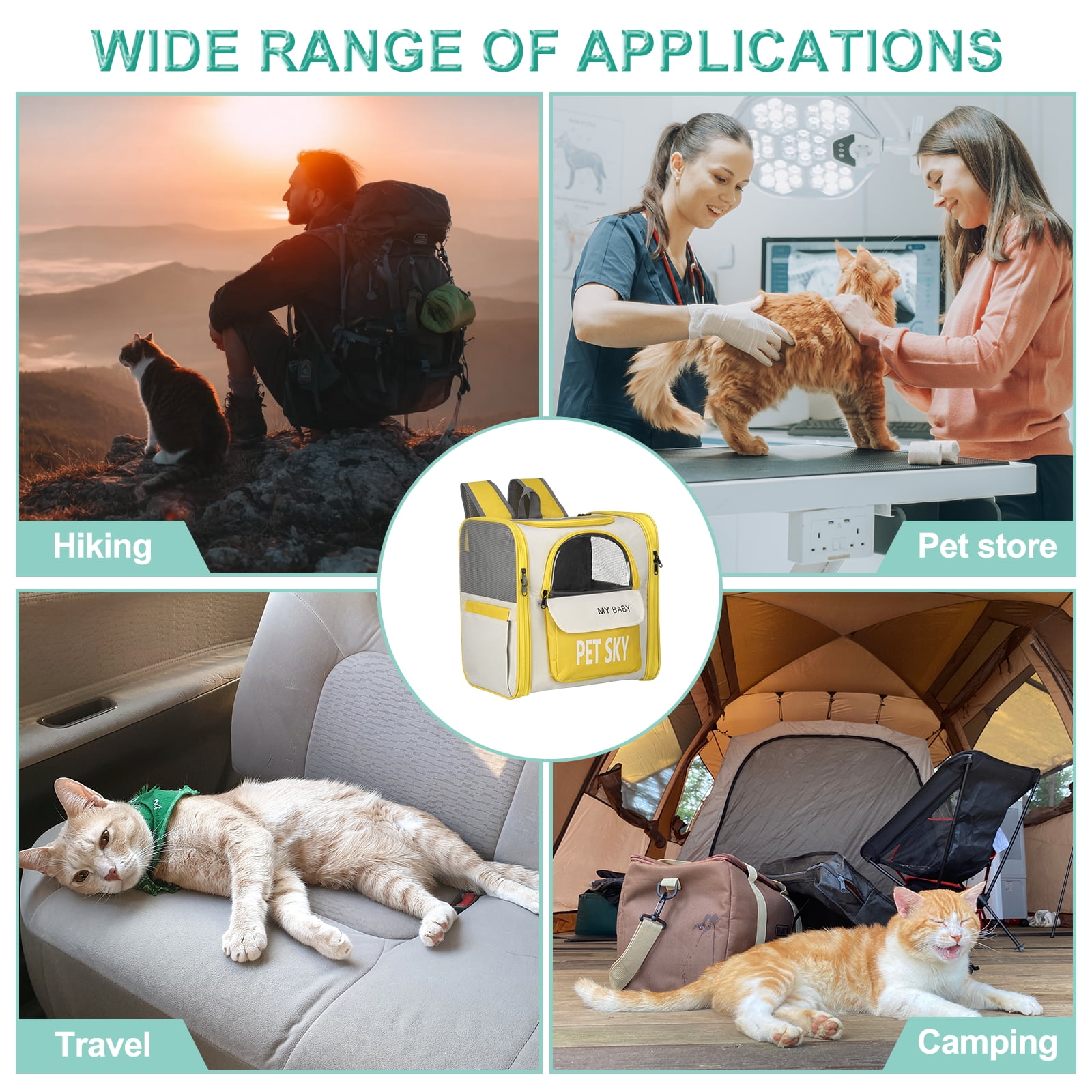 Uxcell Cat Backpack Carrier, Large Space & Breathable, Pet Hiking Travel Backpack for Cats or Small Dogs Puppies, Intended for Hiking / Camping / Traveling (Yellow, 13"x11"x15")