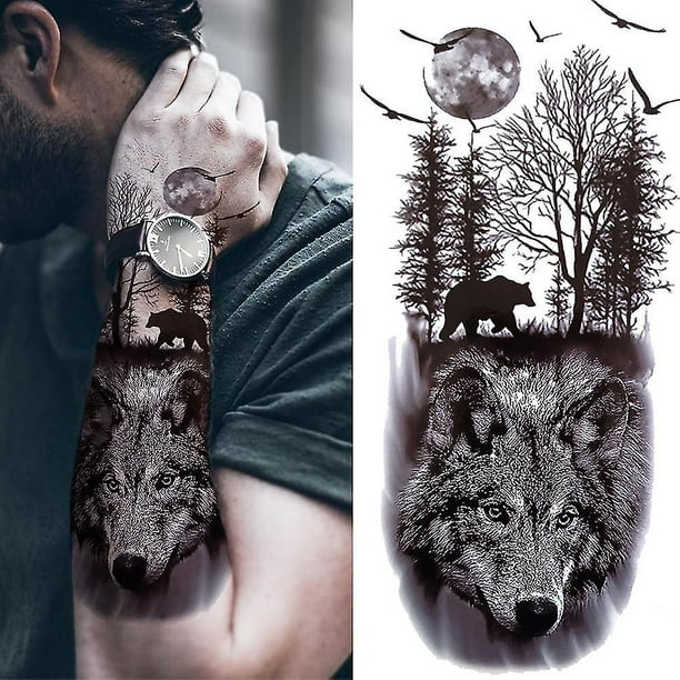 F Pegatina de tatuaje de Bosque Negro para hombres, mujeres y niños, Tigre, Lobo, calavera de la muerte, tatuaje temporal, Henna falsa, esqueleto, rey, tatuaje Animal