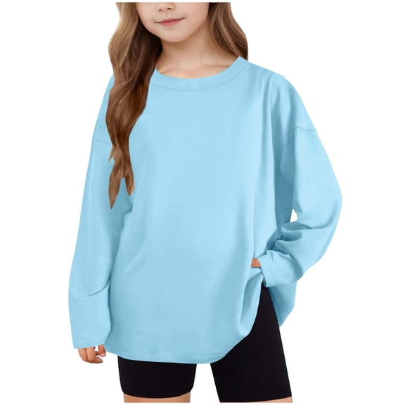 Efsteb Long Sleeve Shirts for Girls Solid Color Casual Comfy Loose Tunic Tops Soft Crew Neck Long Sleeve for Parties(Light Blue,14 Years)