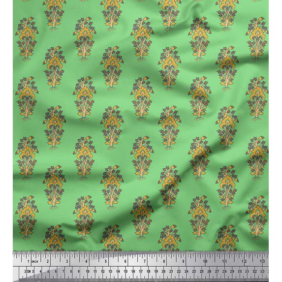 Soimoi Green Rayon Crepe Fabric Floral Block Print Fabric by Yard 46 Inch Wide