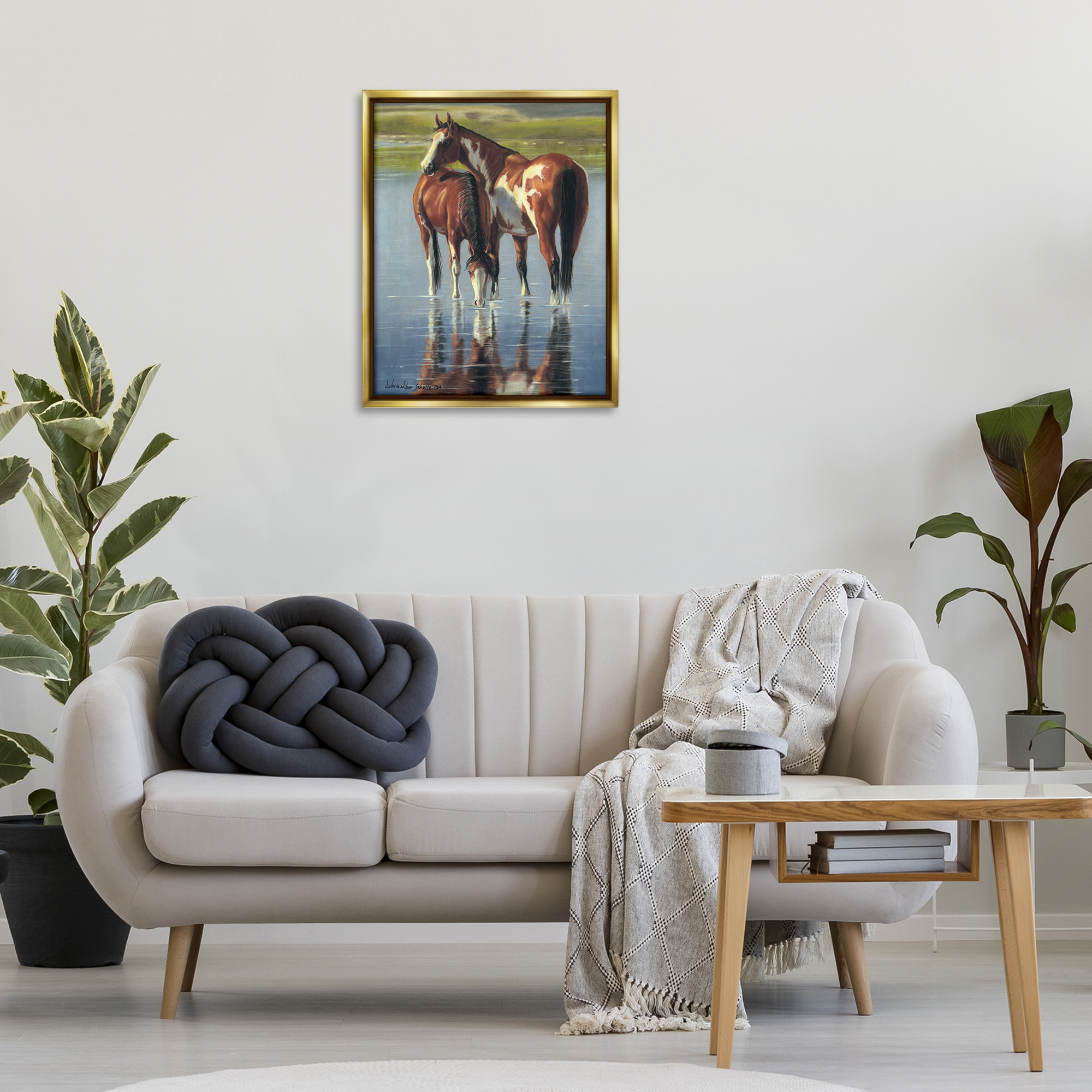 Stupell Industries Horse & Foal Splashing Animals & Insects Painting Gold Floater Framed Canvas Art Print Wall Art, 25 x 31
