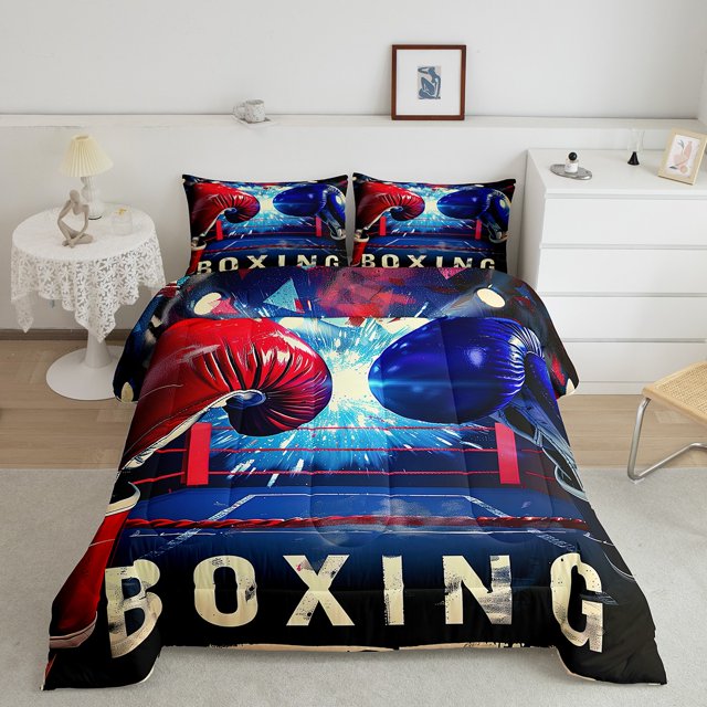 Ensemble de Couette Boxe Rouge Bleu Gants de Boxe Ensembles de Literie Complet, Couette de Compétition de Combat Insert de Couette de Jeu Thème Sportif Décoration de Chambre