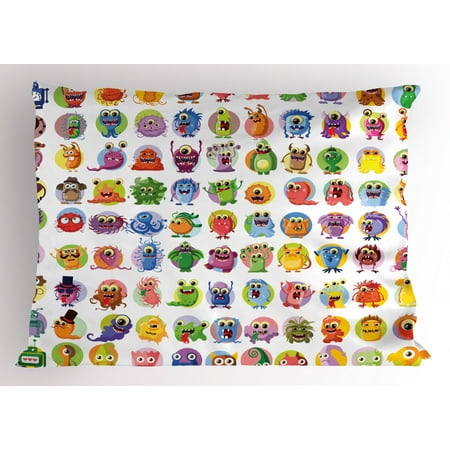 Animation Pillow Sham Cute Little Graphic Baby Mosters Great for Kids Nursery Room Colored Cartoons Art, Decorative Standard Size Printed Pillowcase, 26 X 20 Inches, Multicolor, by