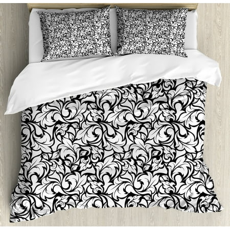 Floral Queen Size Duvet Cover Set Monochrome Leaves Abstract