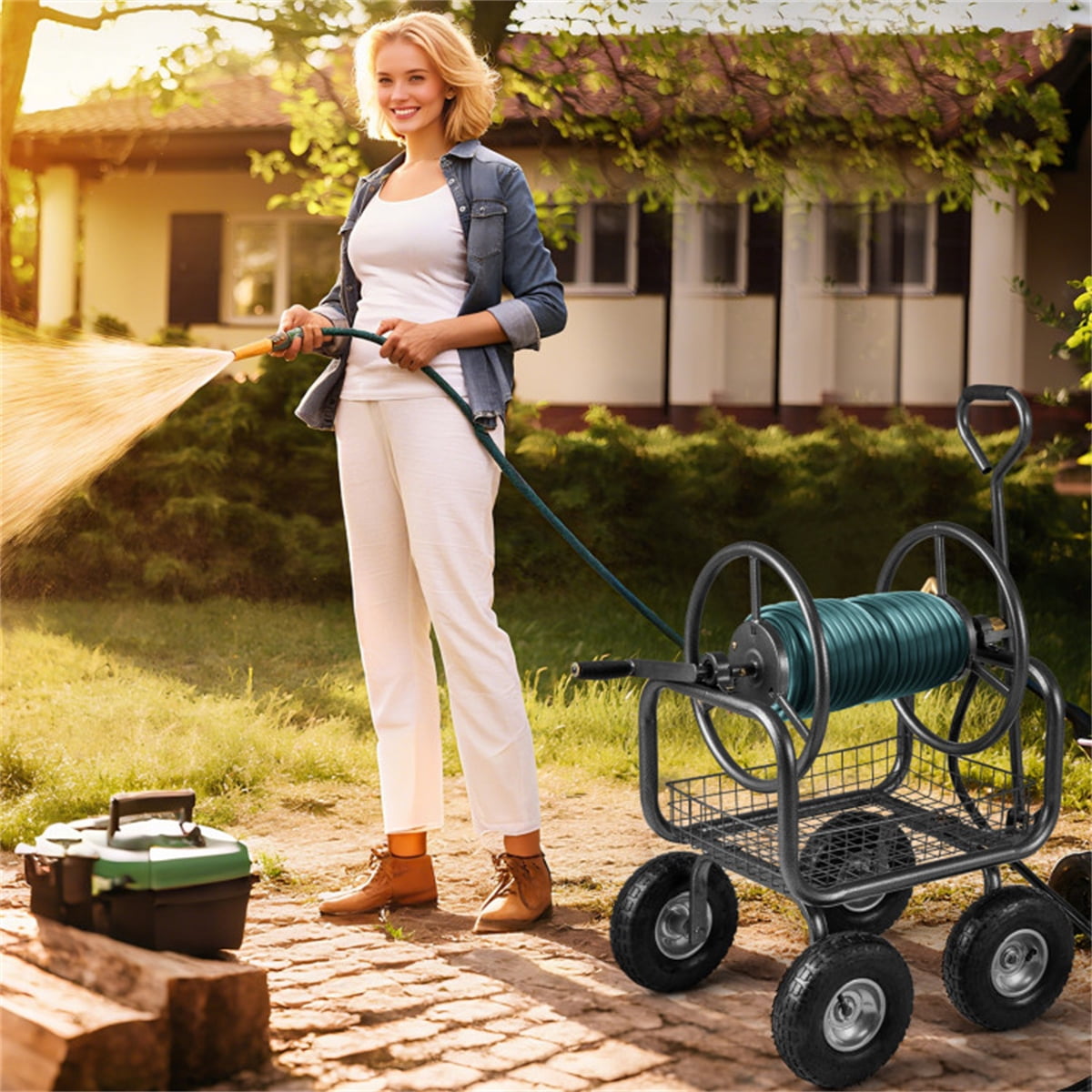Heavy Duty Garden Hose Reel Cart 10" Pneumatic Wheels Large Capacity Hose Winder with Storage Basket & Brass Fittings Mobile Outdoor Water Hose Holder for Garden Lawn Gray