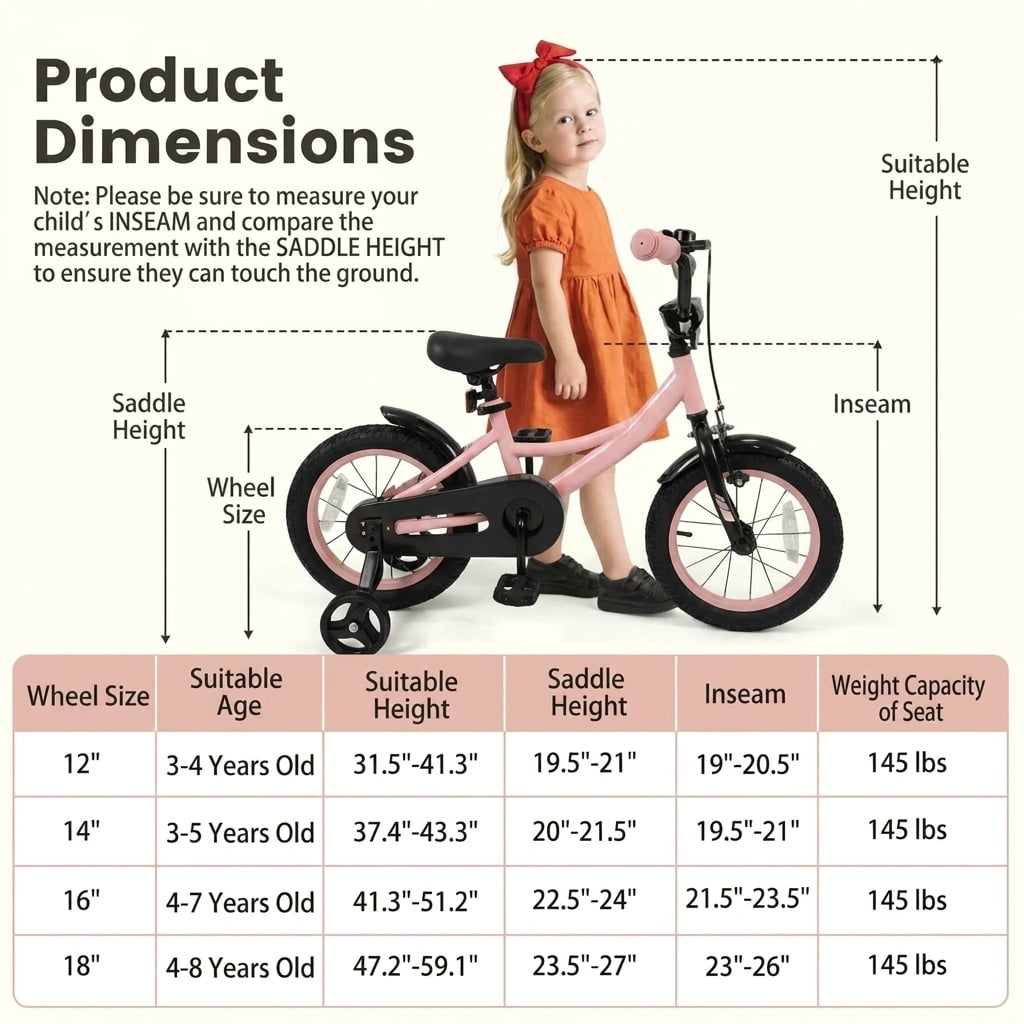 Redsmile 12 Inch Kids Bike for Boys Girls Ages 3-8, Adjustable Toddler Bicycle with Removable Training Wheels, Handbrake and Coaster Brake, 145 lb Kids Bike, Pink