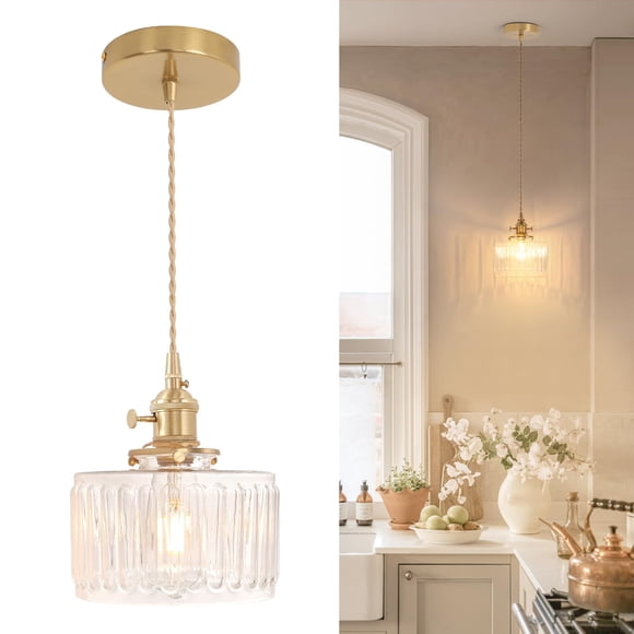 Lámpara colgante Shenmoyl con pantalla de cristal transparente a rayas