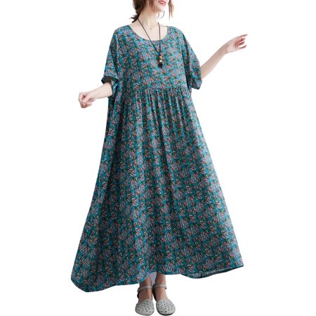 

OWSOO Women Loose Dress with Pockets Vintage Printed Short Sleeved Casual Holiday Beach Dress