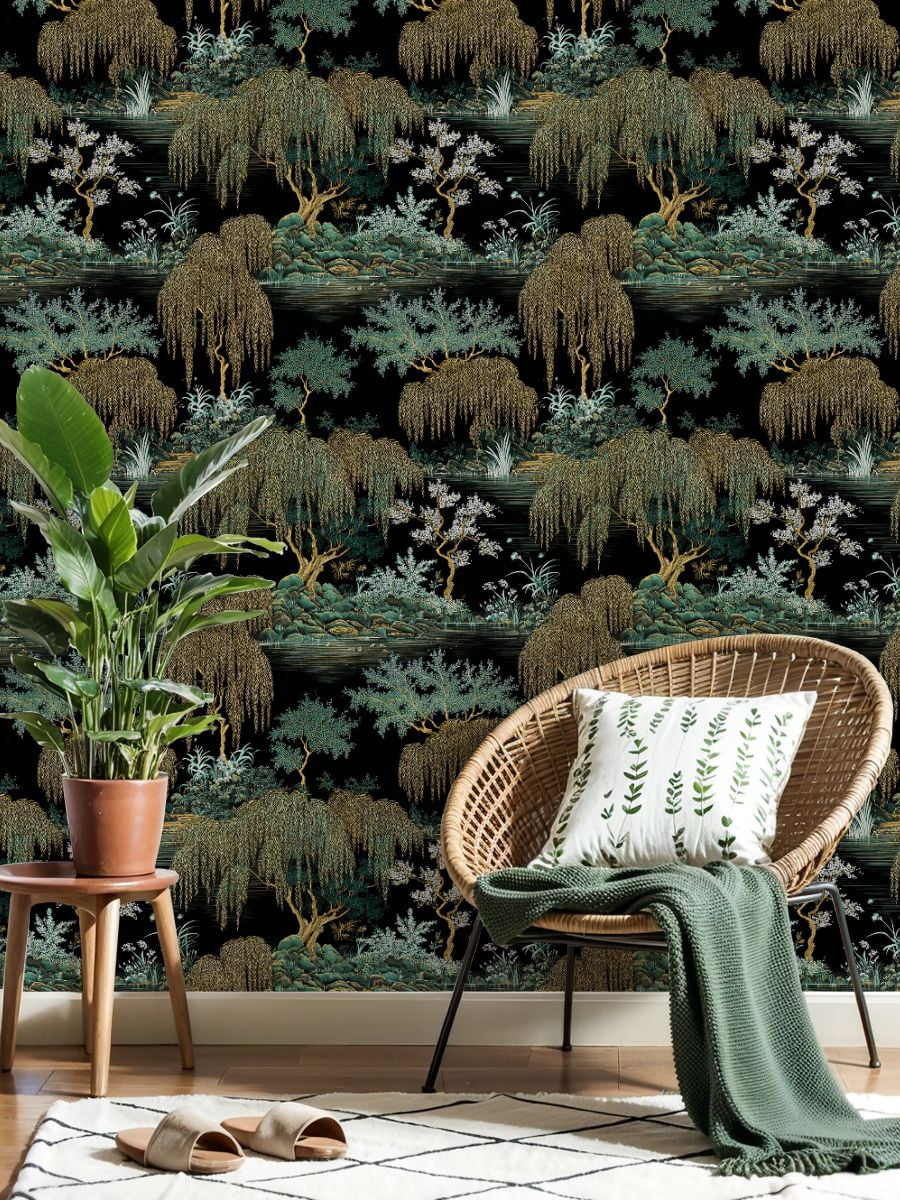 Peel and Stick Wallpaper Elegant Willow Blossom Garden Dark Wall Mural 23.6in x 9.8ft Self Adhesive Removable Wall Paper Renter Friendly Wallpaper for Bedroom Nursery Living Room