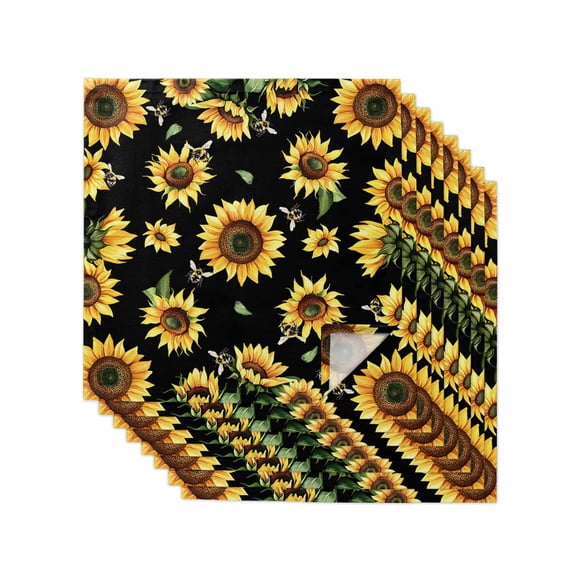 Sunflower Black Cloth Napkins Set of 8 Reusable Dinner Napkins, Yellow Petals Floral Farmhouse Bee Cocktail Napkin Washable Table Napkins for Wedding/Holiday Party/Baby Shower 20"x20"