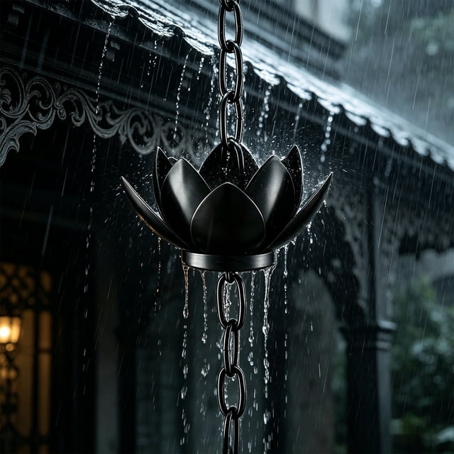 CaiYueKe 3.9ft Black Rain Chain for Gutters Downspouts Outside, Black Plated Lotus Rain Chain Cups, Functional and Decorative Replacement for Gutter Downspouts