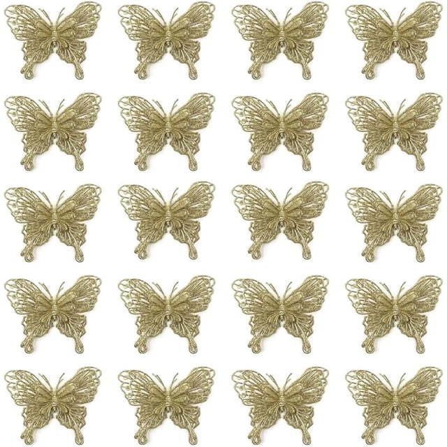 20 piezas de adornos navideños con mariposas brillantes, adornos colgantes para árbol de Navidad con mariposas brillantes en 3D, decoración de mariposas artificiales huecas con clips y tallos para cor