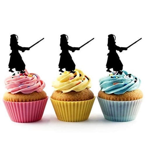 Kendo Fighter Martial Arts Hero Silhouette Acrylic Cupcake Toppers 12 pcs