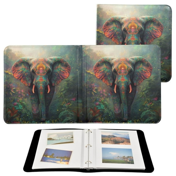 Leather Cover Photo Album 80 Pockets 4x6 Photos Bookshelf Picture Album Vibrant Elephant in Forest