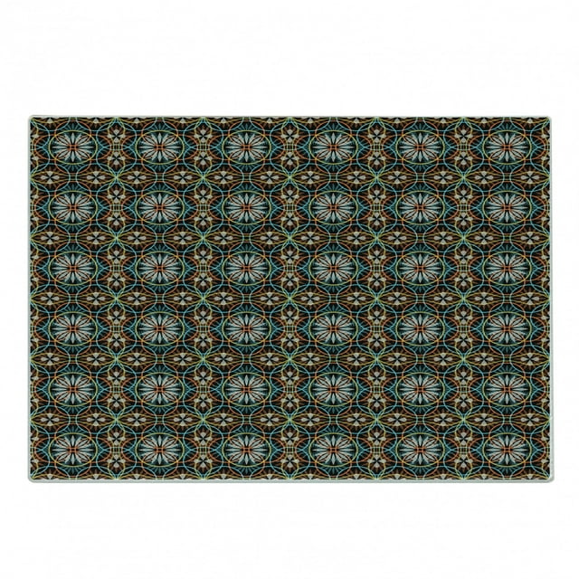Floral Cutting Board, Modern Overlapping Circle and Flora Pattern on Black Colorful Abstract Art Design, Decorative Tempered Glass Cutting and Serving Board, Small Size, Multicolor, by Ambesonne