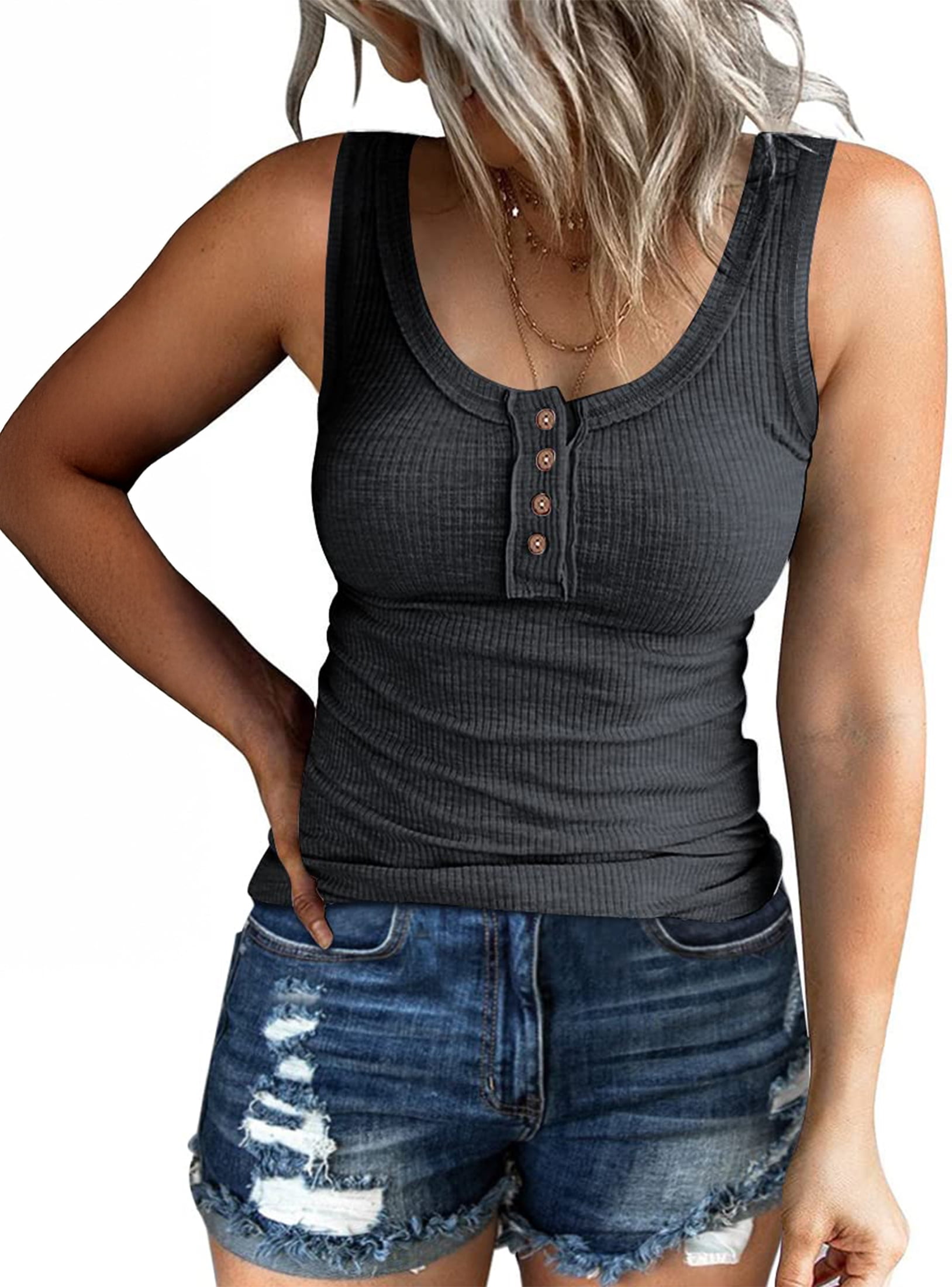 SUNBS Tank Tops for Women Summer Casual Camisole Tops Ribbed Sleeveless Henley Shirts Basic Clothing