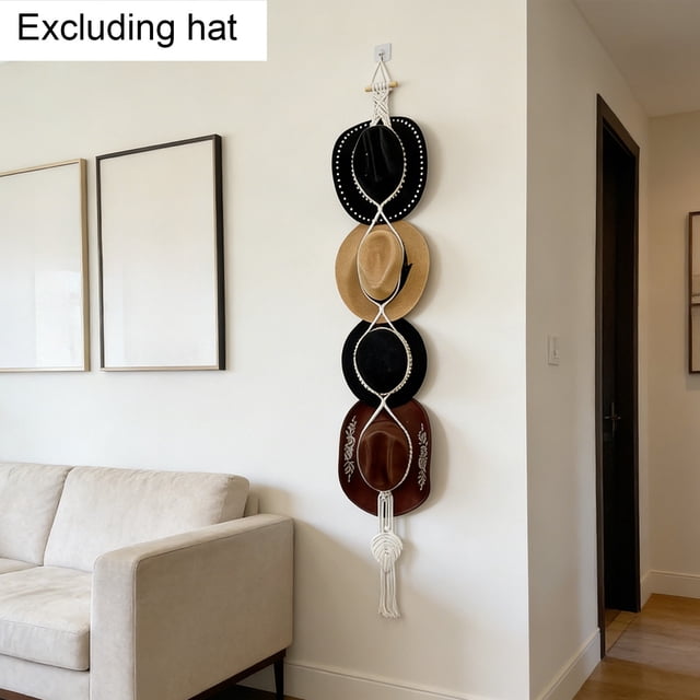 Aodebiao Macrame Hat Hanger Wall Rack Hand Woven Cotton Hat Organizer with Tassel for Cowboy Hats Fedoras Sun Hats Storage Display Boho Decor Home Entryway Clo