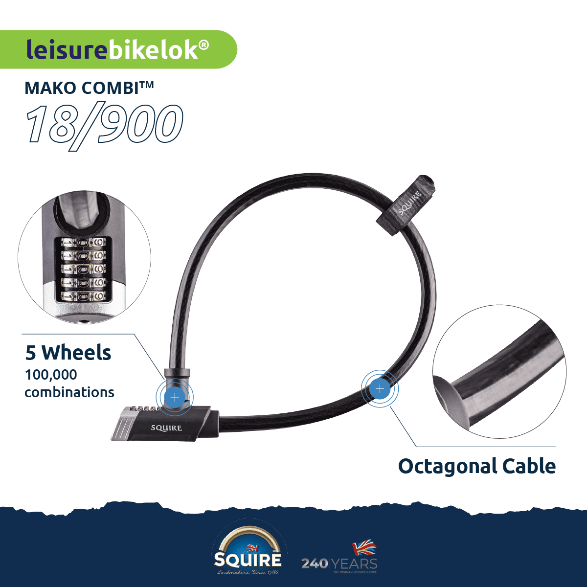 Mako&trade;  Bicycle Integrated Cable Lock | Mako Combi 18/900