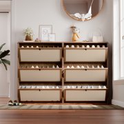 YOCWO Shoe Storage Cabinet with 3 Flip Doors for Entryway, Free Standing Linen Shoe Organizer with Open Shelf, Walnut