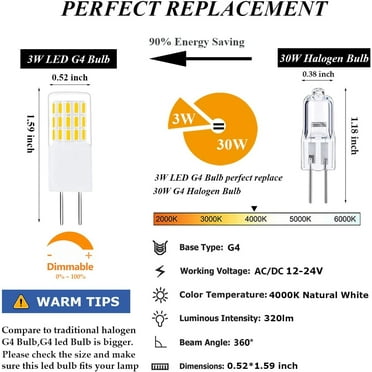 FUN-G4 LED Bulbs 3W Dimmable, AC/DC 12V-24V,Equivalent 20W 30W T3 Halogen Bulb,4000K Natural White No-Flicker,G4 JC Bi-Pin Base Bulb 10 Pack