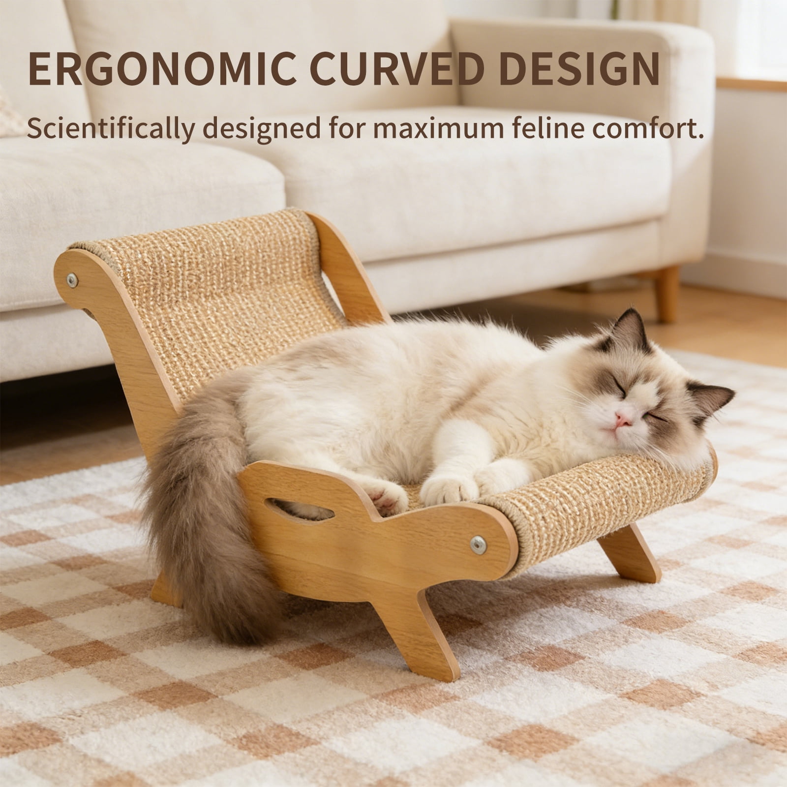 2 in 1 Cat Scratcher Lounge Chair, Wooden Hammock Bed With Woven Scratching Surface for Cats Kittens Dogs