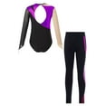 thumbnail image 2 of iEFiEL Kids Girls Gymnastics Dance Outfit Long Sleeve Metallic Contrast Leotard with Striped Pants Ice Skating Outfit Purple 10, 2 of 5