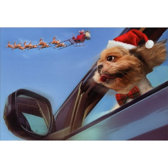 Nobleworks Terrier Looking at Santa from Car Window Cute Dog Christmas Card (1 card/1 envelope)