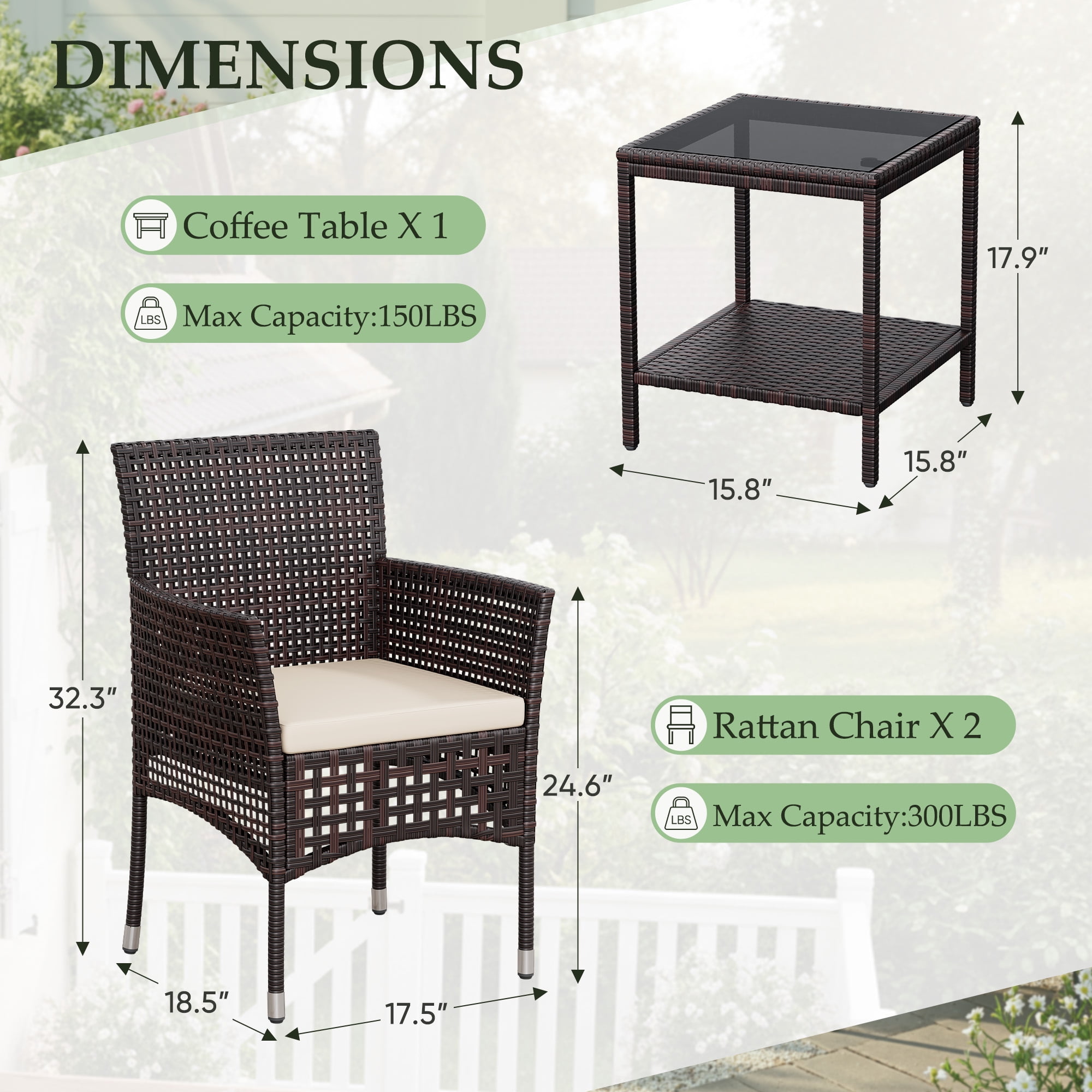 Lacoo 3 Pieces Outdoor Conversation Set Rattan Patio Furniture Bistro Chat Chairs Set of 2 with Table for Garden Porch, Brown