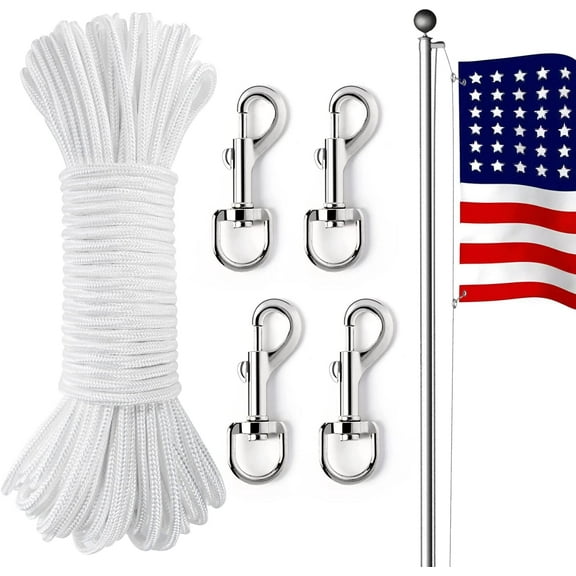 100ft Flag Pole Rope, Flag Pole Halyard Rope Kit with 4 Pcs Zinc Alloy Swivel Snap Hooks, Double Braided Nylon Flagpole Line Rope for Outdoor, Flag, Swing, Clothesline, Climbing, Camping
