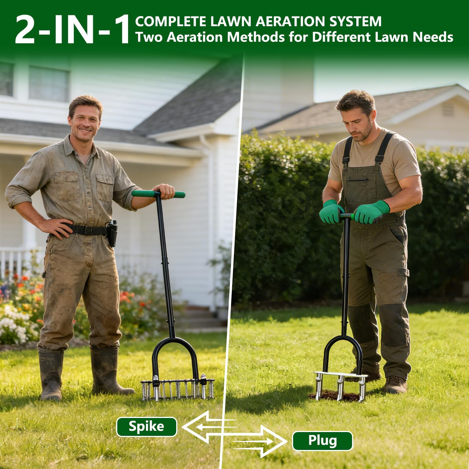 2-in-1 Lawn Aerator Tool With Interchangeable Spike & Plug Core Heads  Manual Adjustable Handle Heavy Duty Yard For Soil Loosening Care Garden