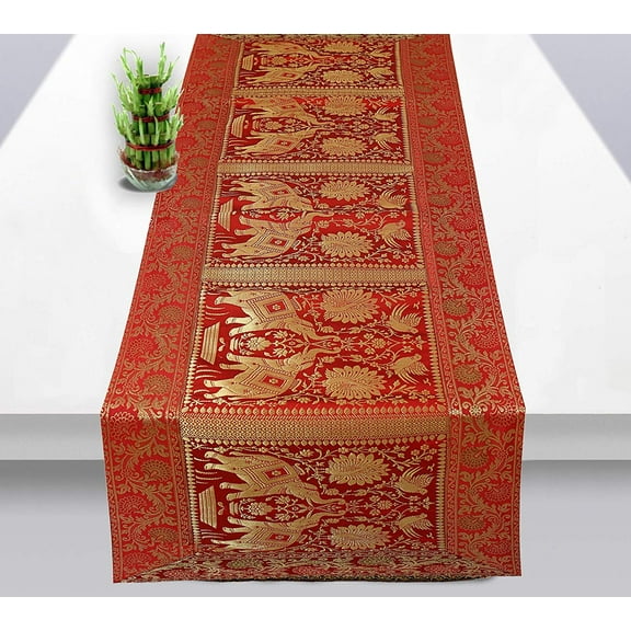 Indian Dining Room Silk Modern Table Runner Red & Gold Elephant Tablecloth Farmhouse Style for Home Table Decor 60x16" Christmas Gift