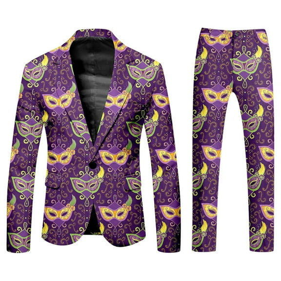FYEGRE Men's Carnival Suit Two Piece Set Formal Attire With Purple Gold All Over Print Design Purple XXL