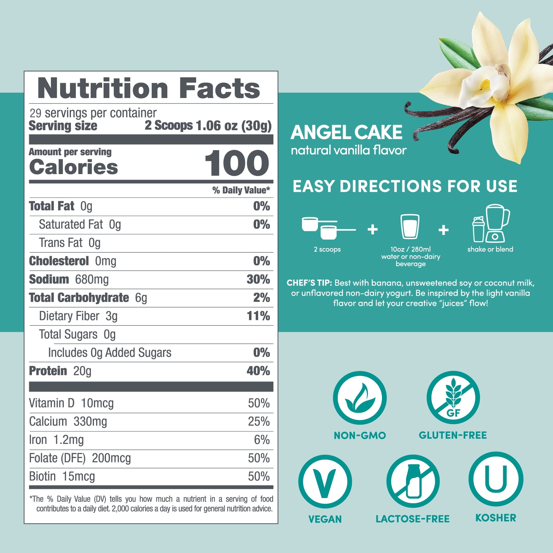 Designer Wellness, Soy Isolate Protein Powder with Biotin, Hyaluronic Acid and Prebiotics, Vegan, Zero Sugar, Angel Cake Natural Vanilla Flavor, 1.87 lb