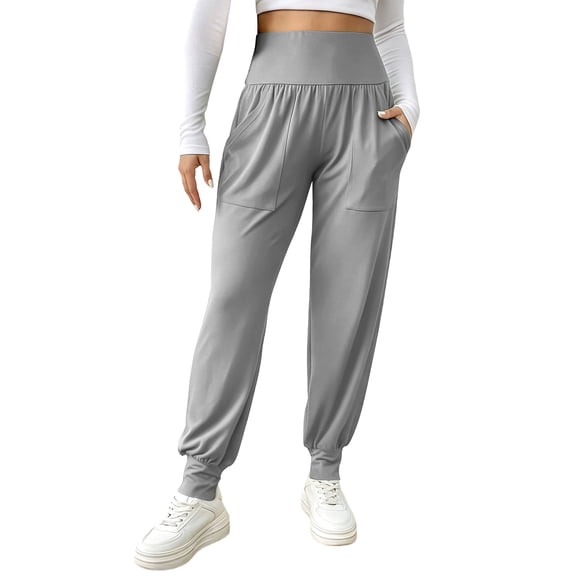 Htigea Womens Athletic Tapered Pants High Waisted Running Joggers with Pockets Solid Color Outdoor Sport Pant Gray S