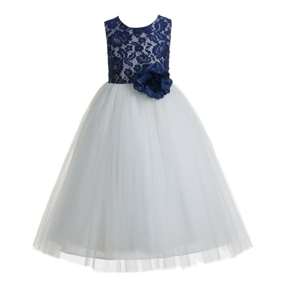 Ekidsbridal Girl Bridesmaid Flower Girl Dress - Floral Lace Heart Shaped Cutout Back with Flower 172F-A (Size: 2-14)