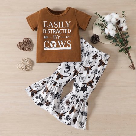 

Wiueurtly Toddler Girls Short Sleeve Cartoon Printed T Shirt Pullover Tops Bell Bottoms Pants Kids Outfits 5t Girl Outfit Set