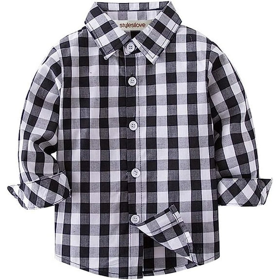 StylesILove Toddler Little Boy Long Sleeve Cotton Button Down Shirt (Black Check, 100/3-4 Years)
