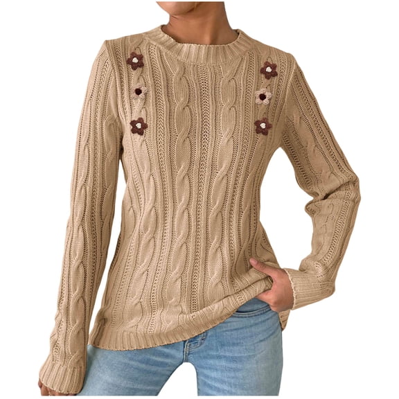 DAFPZW Women Floral Embroidered Cable Knit Sweater Long Sleeve Crewneck Cute Casual Fall Lightweight Jumper Pullover Tops